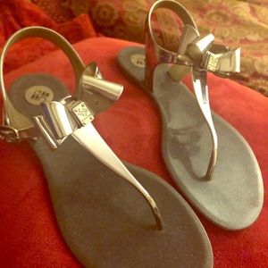 BCBG thong silver sandals.